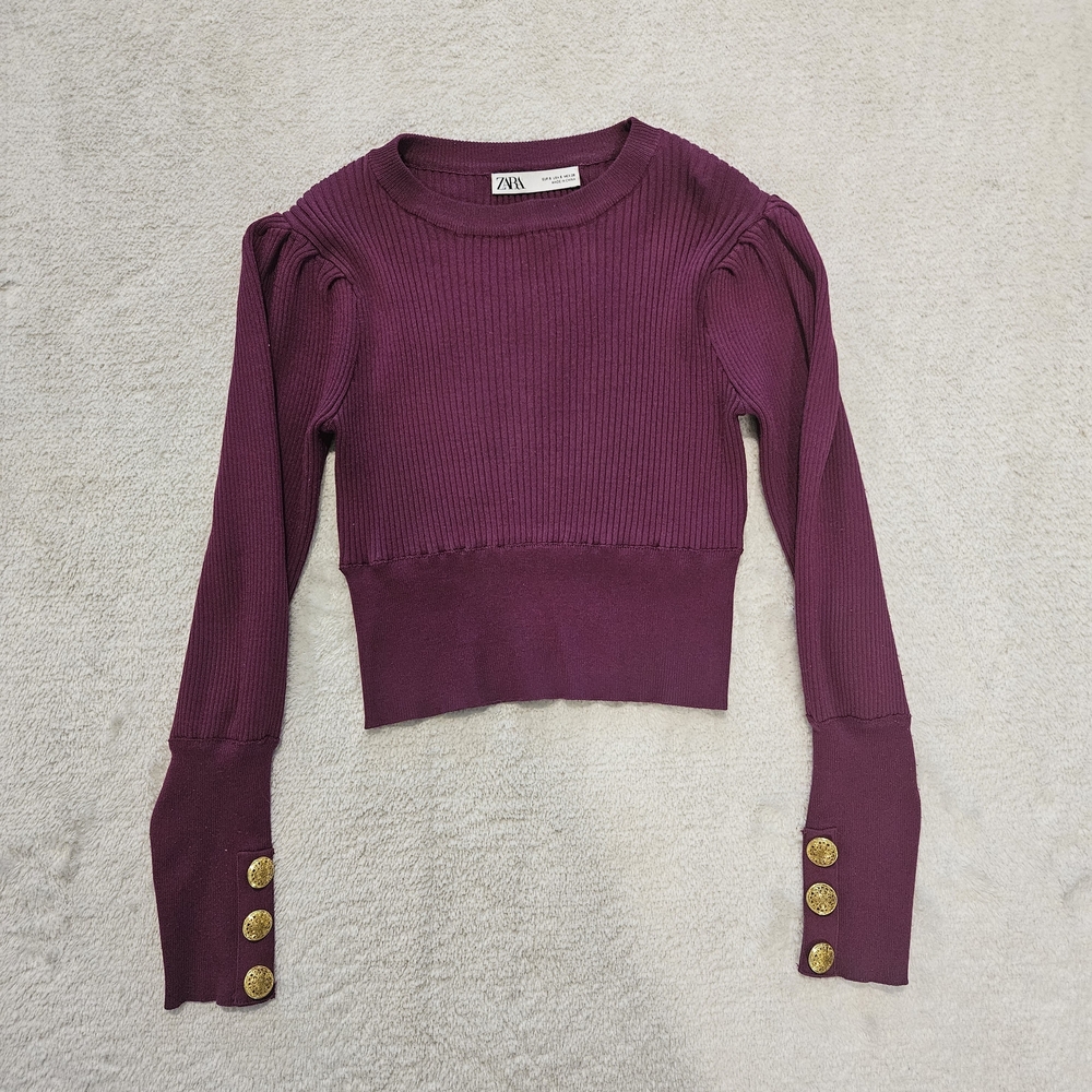 Zara Purple Puff-Sleeve Ribbed Knit Sweater Size S Minimalist Feminine Retro 80s - Picture 6 of 11